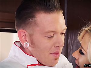 Jessica gets a adorable drill by her Chef in the kitchen
